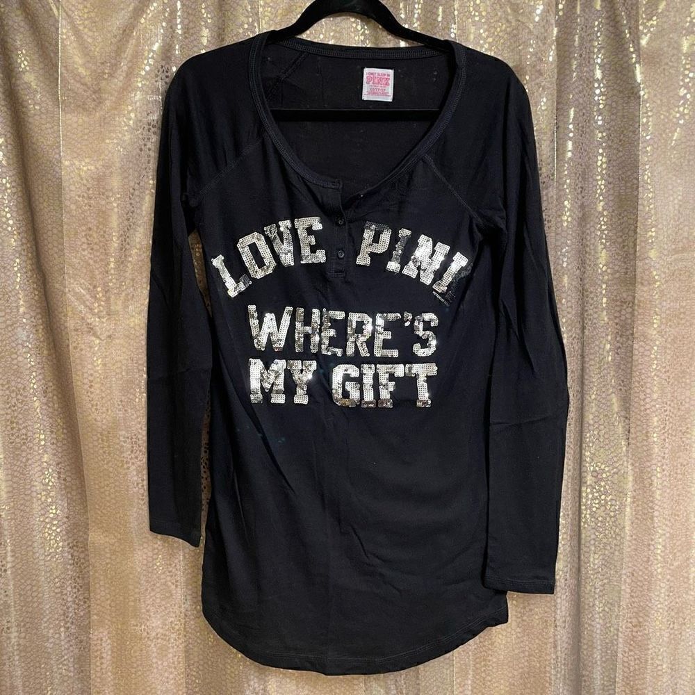 Vintage PINK Victorias Secret Long Sleeve Black Silver Bling Pajama Top, XS